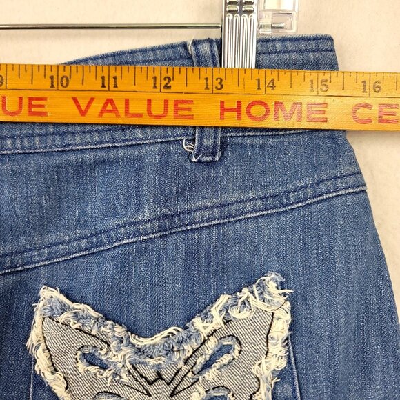 Style J Womens Denim Skirt Butterfly Pocket Embroidery Frayed Hem Y2K Sz30 Large - Picture 8 of 10